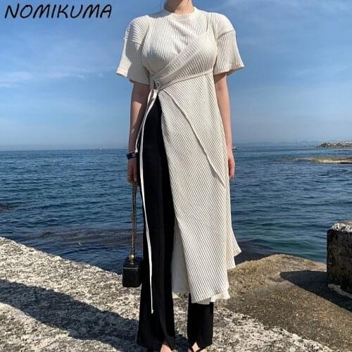 Nomikuma Elegant Korean Split Women Dress Lace Up Slim Waist Vestidos Femme 2021 Sumemr New Short Sleeve O-neck Dresses 6J669