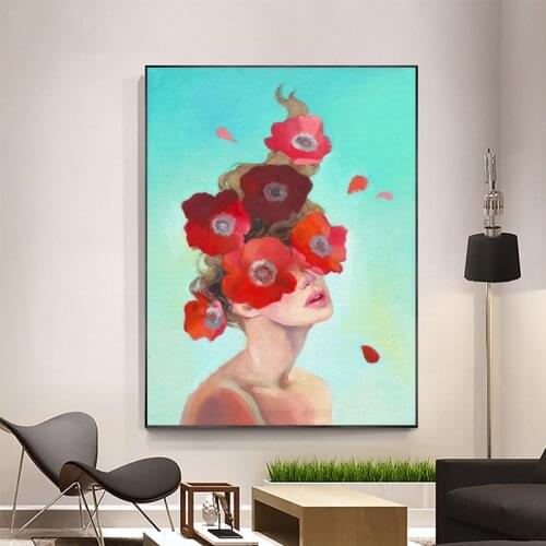 Nordic Nude Girl with Flowers Canvas Painting Portrait Poster for Interior Wall Picture for Living Room Gallery Home Decoration