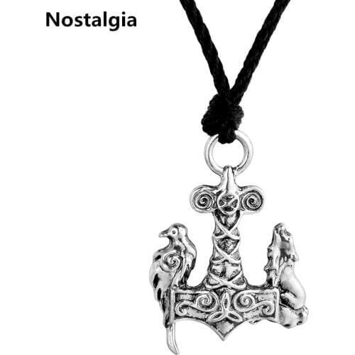 Nostalgia Norse Odin Thors Hammer Jewelry Mjolnir Viking Wolf And Raven Pendant Ancient Birds Rope Chain necklaces Men Best Gift