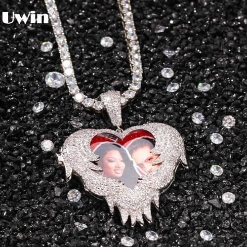 Uwin Heart Design DIY Photo Necklaces Iced Out Cubic Zircon Charms Customized Picture Pendants for Gifts Fashion Jewelry