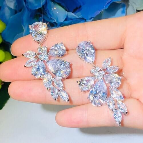 QooLady New Hyperbole Sparkly Large Leaf Drop Cubic Zirconia Austrian Crystal Design Big Long Earring for Wedding Brides E125
