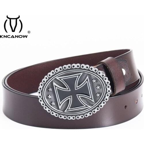 Fashion Belt Men Black Genuine Leather Belt For Man With German Iron Cross Medal Sign Zinc Alloy Oval Cowboy Buckle Gothic Strap