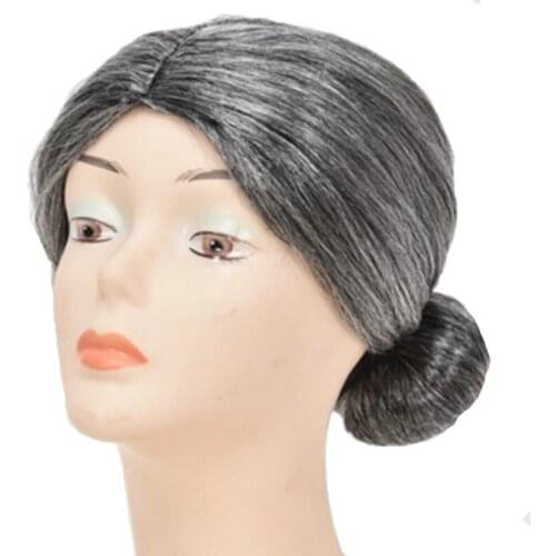Synthetic Gray Granny Grand Mother Grandma Cosplays Bun Hair Headwear Peruca Halloween Costumes Purim Carnival Masquerade dress