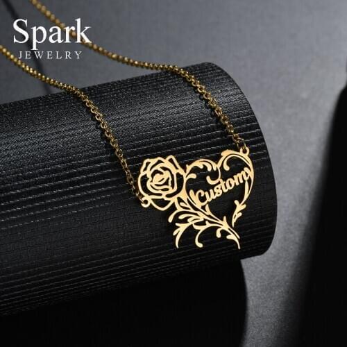Spark Romantic Rose Heart Name Necklace For Women Stainless Steel Custom Nameplate Choker Necklaces Personalized Jewelry Gift