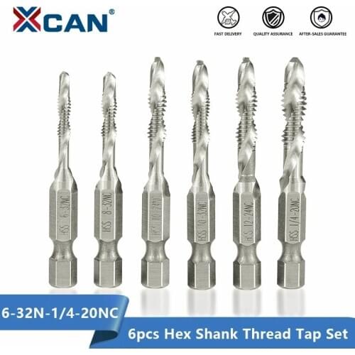 XCAN Thread Tap Drill HSS Machine Plug Tap 6pcs 6-32 8-32 10-24 10-32 12-24 1/4-20 Threading Tools Hex Shank Screw Tap