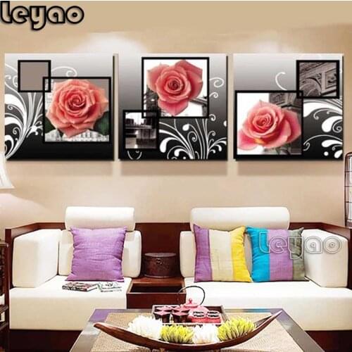 Triptych diamond painting Pink Rose Flowers mosaic diamond set full square/round diamond embroidery 3 piece Kitchen decor