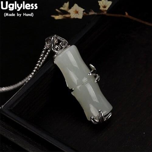 Uglyless 100% Real Solid 925 Sterling Silver Bamboo Leaf Pendants for Women Natural Jade Bamboo Necklaces NO Chains Fine Jewelry