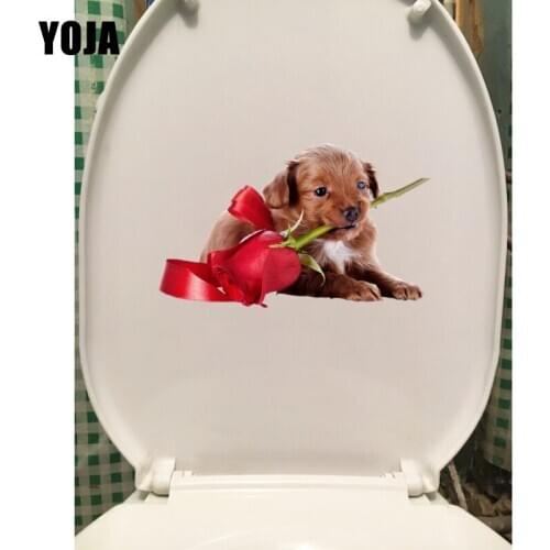 YOJA 19.8*11.9CM A Dog For Sending Roses Creative Toilet Seat Stickers Home Room Wall Decals T1-0239