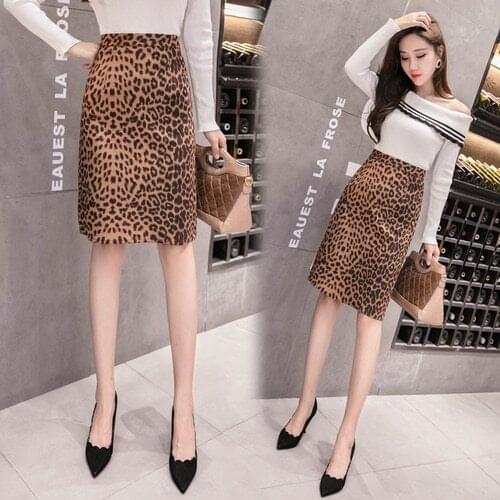 TingYiLi Women Midi Skirt Pencil High Waist Leopard Skirt Knee Length Sexy Bodycon Skirt Autumn Winter