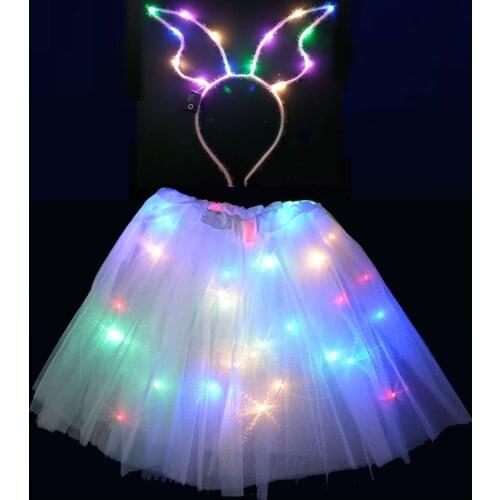 Women Kids Light Wire Tutu Skirt Ear Hairband Glow Led Clothes Angel Costume Easter Wedding Valentines Day Birthday Party Gift