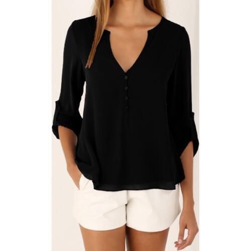 S-5XL Women deep v neck Shirts 2019 Summer button long sleeve ladies tops chiffon shirts solid elegant Top Black casual Blouses