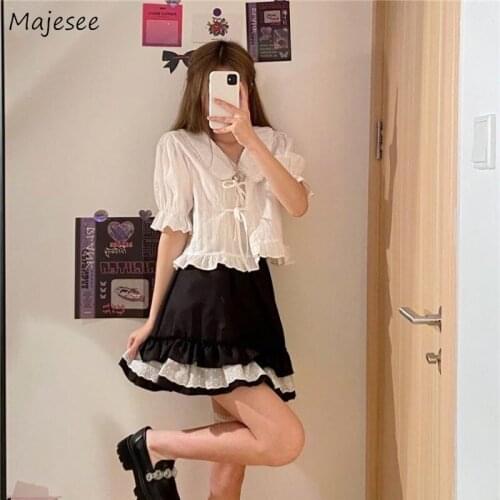 Women Sets Preppy Kawaii Lace Puff Sleeves Ruffles Solid Girlish Casual Clubwear Mini Chic Picnic Summer Basic Girls Outfit Ins