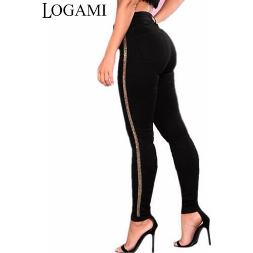 LOGAMI High Waist Skinny Jeans Woman Patchwork Women Jeans Pants Pencil Jeans Femme Black