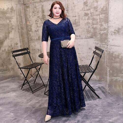 Women Evening Plus Size Dresses Three Quarter Lace Simple Floor-Length A-Line Robe De Soiree V-Neck Ligature Formal Dress D030