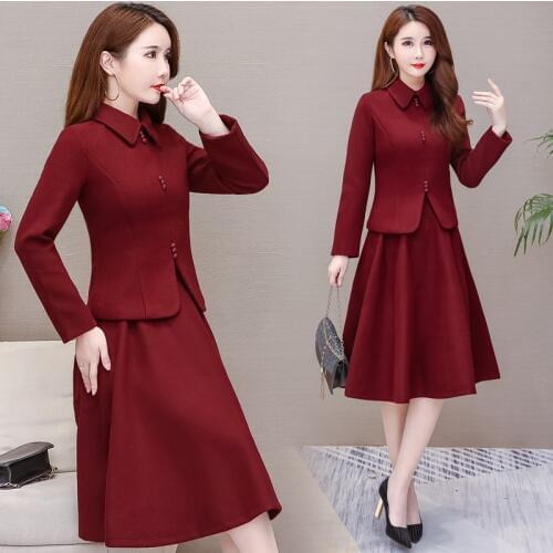 Autumn and winter new Womens Skirt suit temperament elegant large size long section was thin waisted imitation wool two-piece