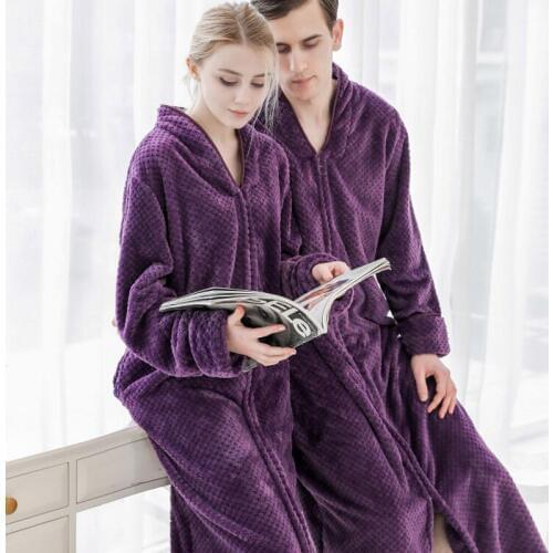Women Winter Extra Long Thick Warm Bath Robe Plus Size Zipper Flannel Peignoir Pregnant Bathrobe Men Coral Fleece Robes