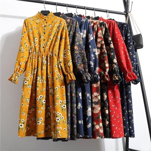 Spring Summer Casual Ladies Midi Dress Female Floral Printed Korean Sundress 2021 Long Sleeve Retro Corduroy A-line Dresses