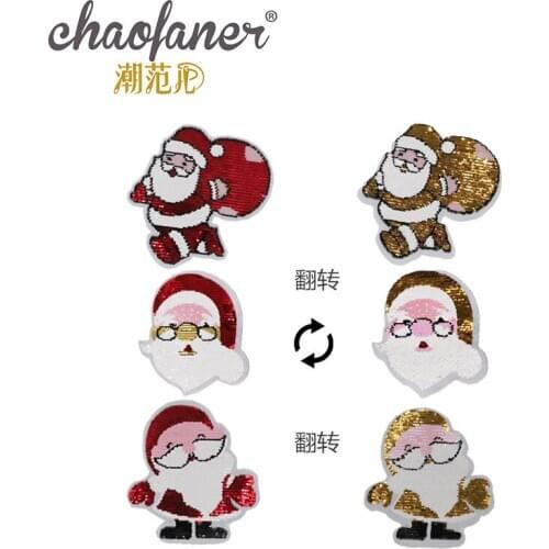 10pcs/lot Reversible Sequin Santa Embroidery Patches Clothing Decoration Sewing Accessories Diy Iron Heat Transfer Applique