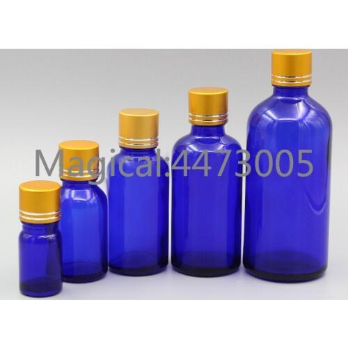 2/10pcs 5ml 10ml 15ml 20ml 30ml 50ml 100ml Empty Blue Glass Perfum Essential Oil Bottles with Gold Tangent Aluminum Cover Cap