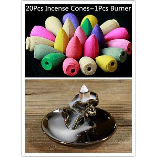 20Pc Natural Backflow Incense + 1Pcs Burner Pure Manual Multi-function Ceramics Burners Crafts Gift Incense Disc Lotus Fragrance