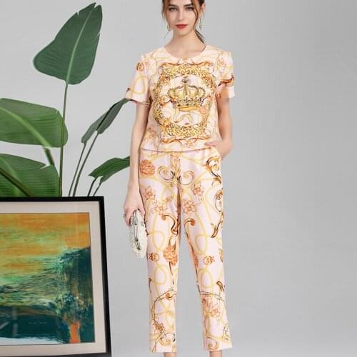 Fashion Designer 2021 Autumn Pants Set Women Beading Tees+High Waist Pants Printed Two Pieces Set