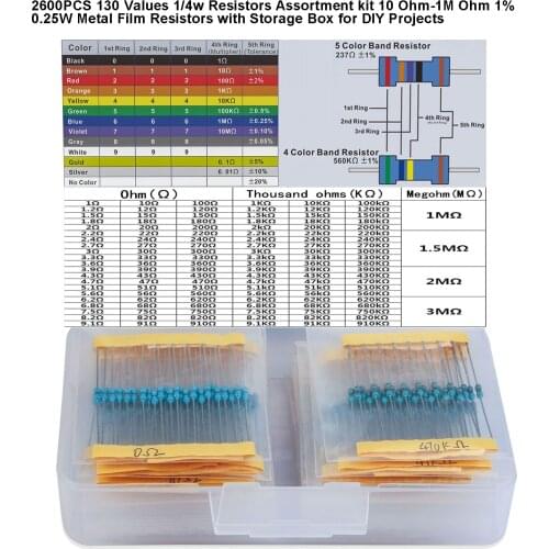2600PCS 130 Values 0.25W Resistors Assortment kit 10 Ohm-1M Ohm 1% 1/4w Metal Film Resistors with Storage Box