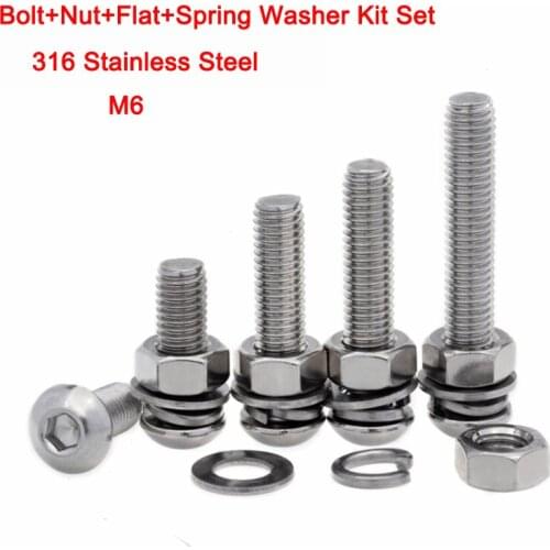 5Pcs 316 A4 Stainless Steel Bolt+Nut+Flat+Spring Washer Kit Set Hex Socket Screws Button Head Screw M6 Length 8-30mm