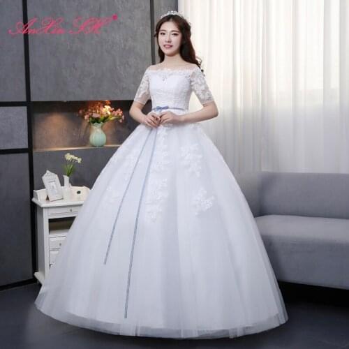 AXJFU princess flower lace white wedding dress party vintage boat neck illusion short sleeve blue bow bride wedding dress
