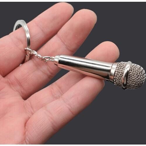 12pcs/lot Silver Color Microphone Keychains Car Key Ring Charm Metal Musical Instruments Keyfobs Alloy Key Holder Music Gift