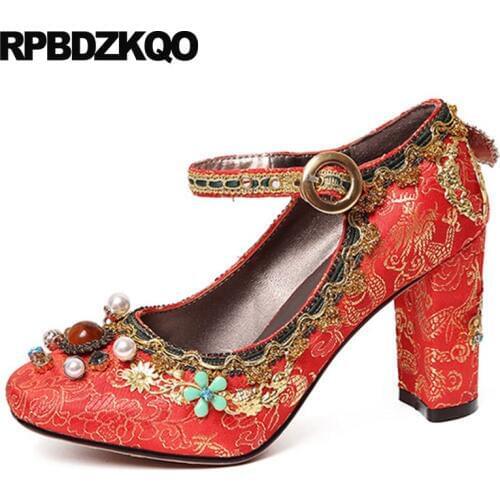 Jewel Velvet Ankle Strap High Heels Pearl Luxury Embroidered Ladies Satin Dress Shoes Red Square Toe Chunky Bridal Pumps Wedding