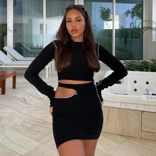 DSMTRC 2021 Solid Long Sleeve Top Cut Out Skirts 2 Piece Set Vetement Femme Outfits Beach Leisure Vacation Womens Suit Summer