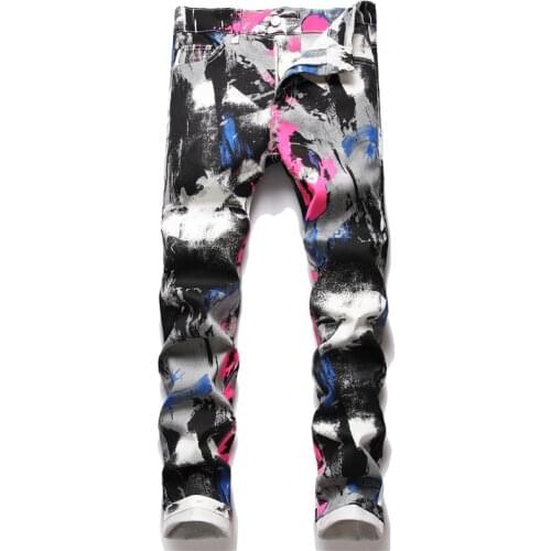 New Mens Male Colored Painted Digital Printed Jeans Fashion Slim Stretch Denim Pants Trendy Trousers 5678