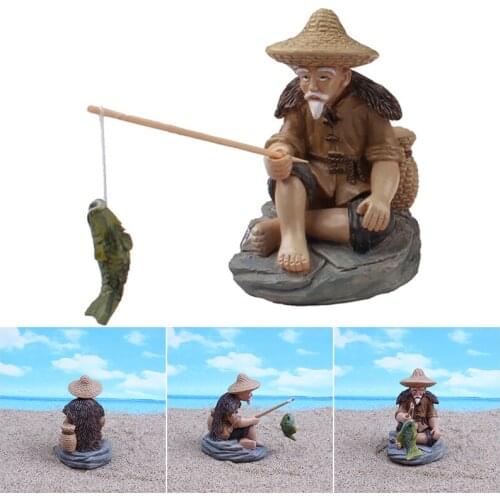 Fishing Old Man Resin Figure Statue Sitting Garden Ornament for Outdoor Pool Micro-Landscape Bonsai Garden Crafts JS22