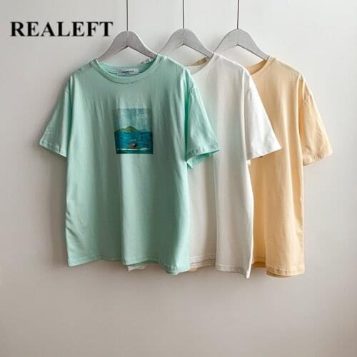 REALEFT 2021 New Summer Cartoon Printing Womens T-Shirts Bottoming O-Neck Casual Minimalism Short Sleeve Female Shirts Tops