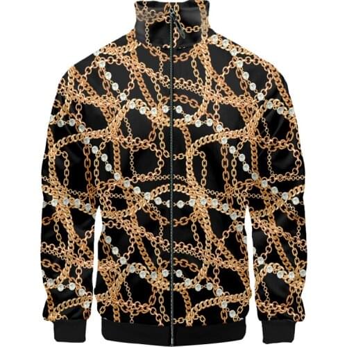 EU Size New Stand Up Collar Jacket Golden Chain Baroque Luxury 3d Print Fashion Zip Up Sport Coats Unisex Oversize Plus 6xl IFPD