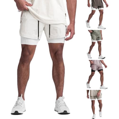 2021 NEW Style Fashion Mens Sports 2 in 1 Running Shorts Double Layer Breathable Drawstring Mid-waist Cycling Short Pants Men