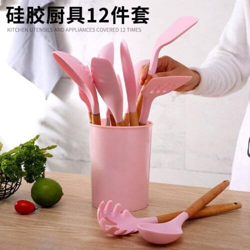 Silicone Cooking Utensils Set Non-Stick Spatula Shovel Wooden Handle Cooking Tools Set With Storage Box Kitchen Tool Accessories