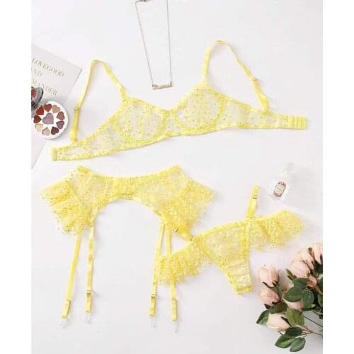 Underwear Women Sexy Brief Sets Transparent Erotic Lingerie Bra Set 3 Piece Set Bra Have Underwire Lace Sexy Lingerie Wholesale