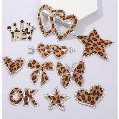 New Rhinestone Leopard Pattern Love Heart Shaped Patch Decorative Sticker Hot Melt Adhesive Mesh Applique Adhesive Hot Rhineston