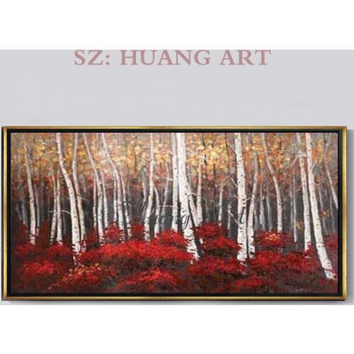 Artist Hand-painted High Quality Modern Abstract Forest Oil Painting on Canvas Red festive rare tree Betula platyphylla forest