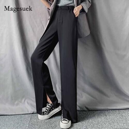 Spring and Autumn High Waist Drape Floor Trousers 2020 Straight Suit Womens Trousers with Split Hem Loose Solid Trousers 10998