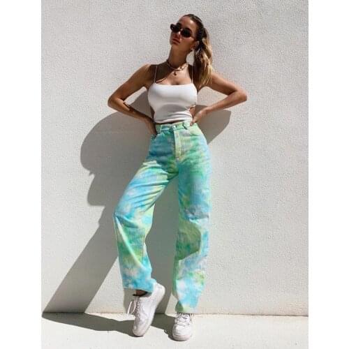 Womens Jeans Fashion Tie-Dye Printed Green Straight Pants High Waist Casual Fitting Denim Trousers with Pocket Wide Leg Pants