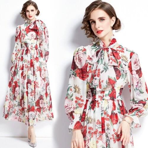 Summer Fall Runway Floral Print Scarf Bow Tie Neck Ribbon Long Sleeve Empire Waist Women Ladies Party Casual Beach Midi Dress