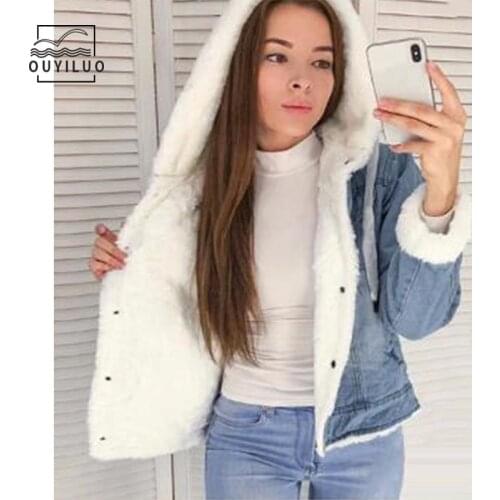 Denim Coat Loose Fleece Lalambswool Hooded Jacket Cotton Overcoat for Women Light Blue Spring New Style Casual Women Thick Coat