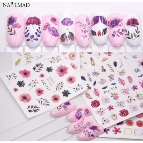 12pcs Watercolor Floral Sticker Dry Flower Pattern Nail Decals Set Leaf Vines Gel Manicure Lavender Water Slider