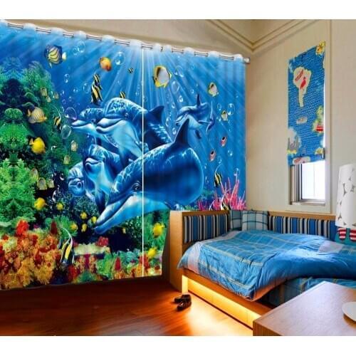 3D Curtain Photo Custom Size Coral dolphin Curtains For Bedroom Curtains For Living Room Decorative Curtain