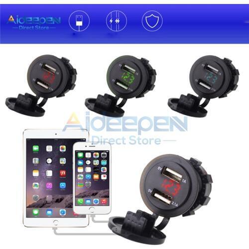 5V 1A 2.1A Dual USB Charger Adapter LED Display Mobile Phone USB Socket Charger With Dust Cover For Car Motorcycle Truck