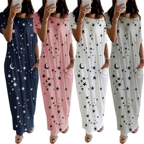 80% New Arrival 2021!!! Women Casual Short Sleeve Stars Moon Print One Shoulder Pockets Loose Long Dress