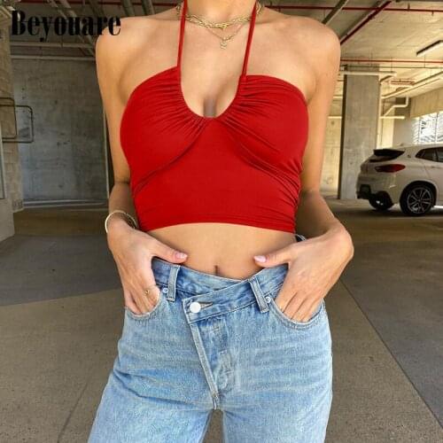 Beyouare Sexy Base Womens Tank Halter Drawstring Bandage Sleeveless Strapless Sling Cropped Top 2021 Summer Casual Party Camis