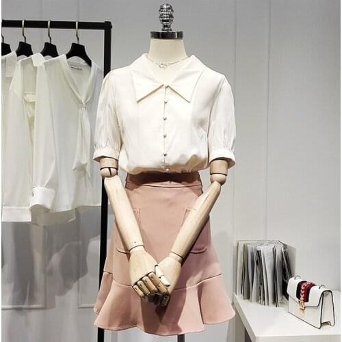 Womens Spring Summer Runway Fashion Beige Chiffon Shirt Female Casual Loose Office Lady Basic Blouse Tees Tops TB1676